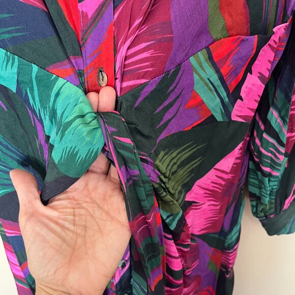 Farm Rio Midnight Leaves Shirt Dress • Silky Viscose • Beaded Belt • Size Small - Picture 10 of 13